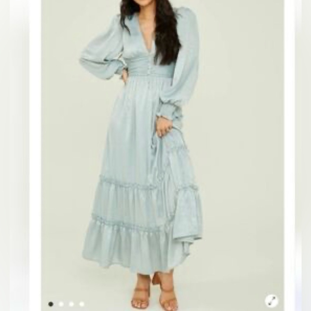 Altar'd State sage green Stevie satin maxi V-Neck Midi Dress with Puff Sleeves - Picture 2 of 9